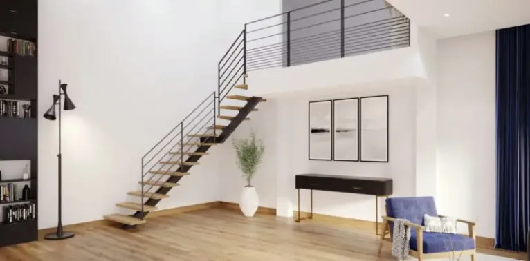 Escalier droit en bois et métal avec rampe métallique
